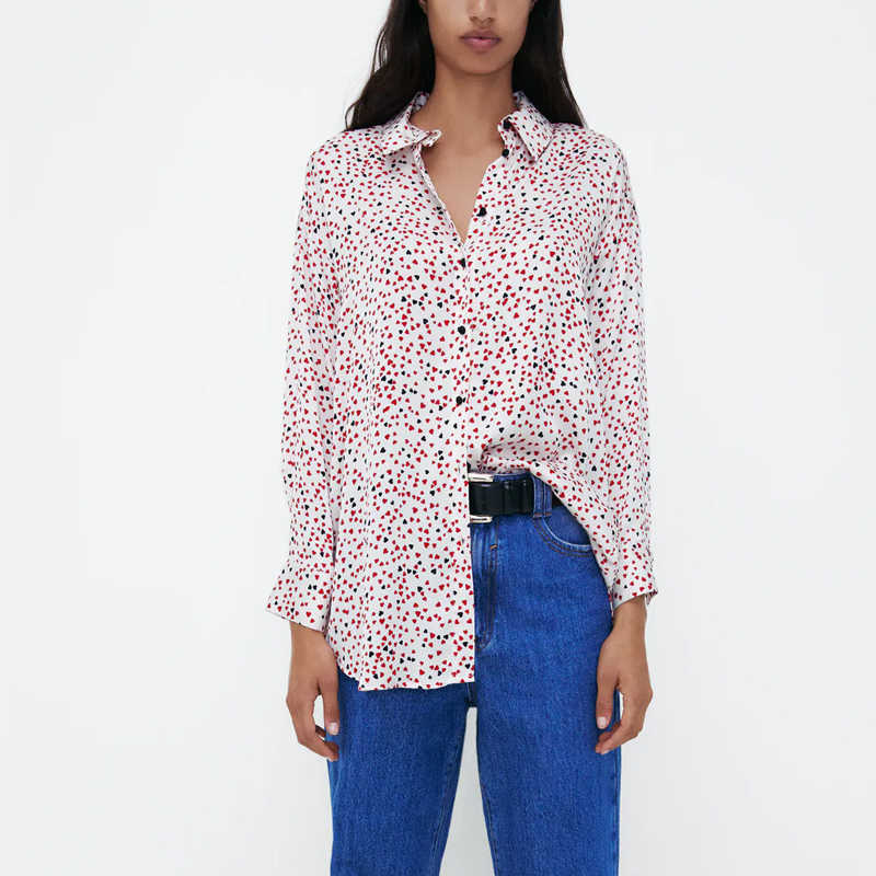 

Za Heart Print Long Shirt Women Long Sleeve Lapel Collar Full Cut Shirts Woman Fashion Elegant Plus Size Office Top 210602, As picture