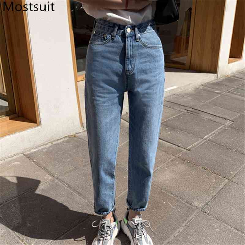 

Casual Fashion High Waist Straight Denim Jeans Pants Women Button Fly Korean Loose Female Trousers Femme 210518, Blue