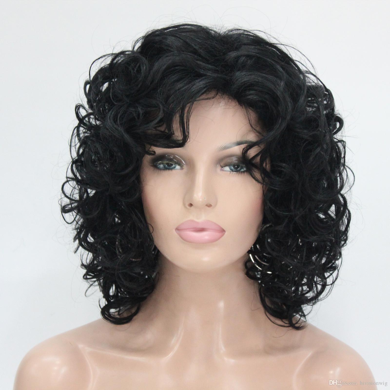 

fashion health super Cute Cosplay Jet Black Curly Medium Women's Full Wig