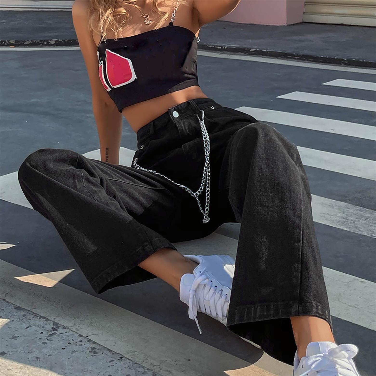 

oversize pants high waisted womens jeans fashion pocket chain slim fit straight streetwear trousers, Blue