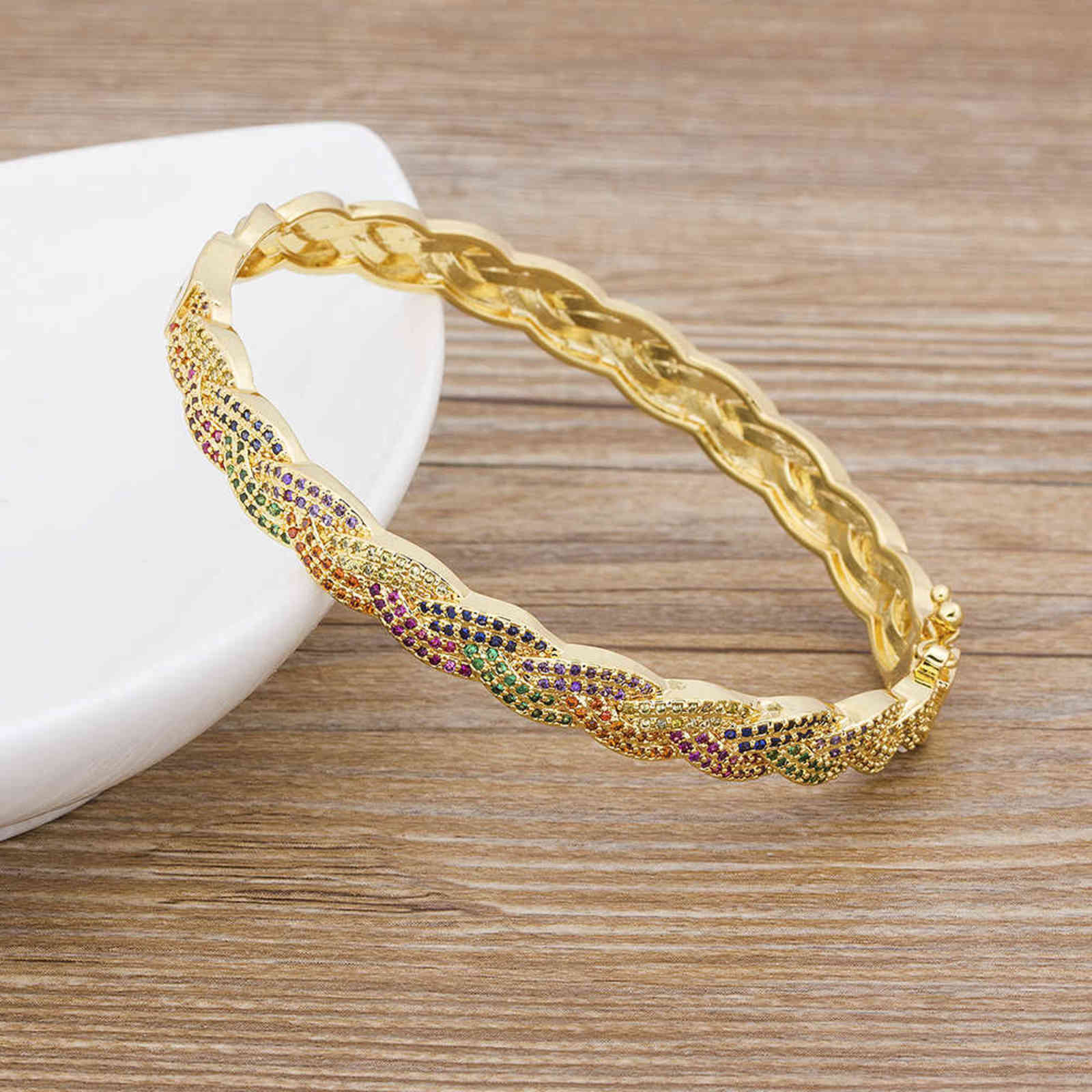 

2020 Trendy Elegant Opening Cuff Bangle & Bracelet for Women Charm Gold Color Crystal Rainbow Bangles Romantic Wedding Jewelry