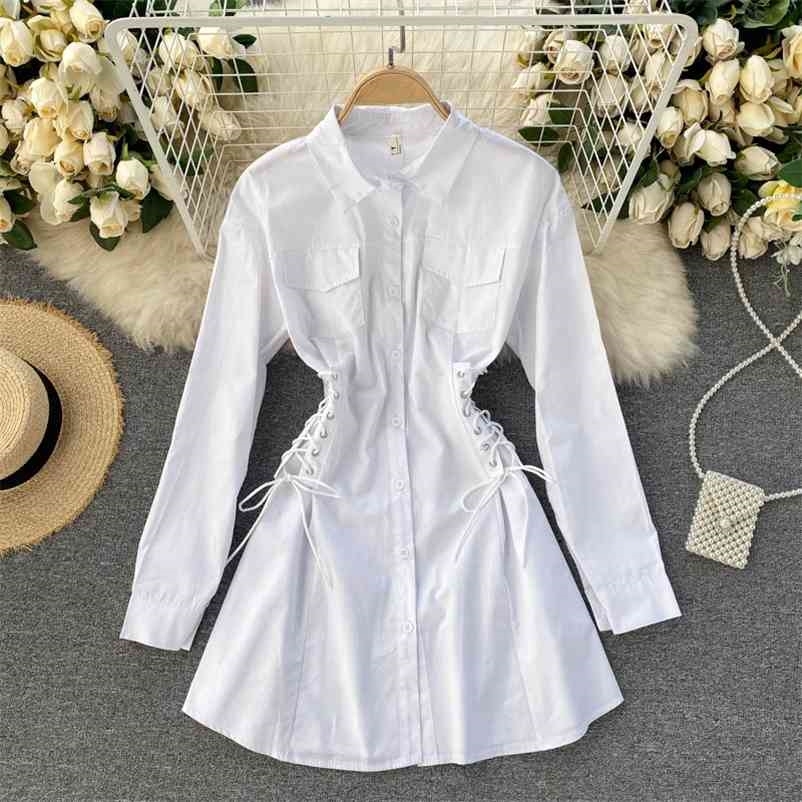 

Women Careful Bandage Slim Shirt Dress Solid Color Long Sleeve Single Breasted Fashion Spring Summer 11B321 210525, Light blue