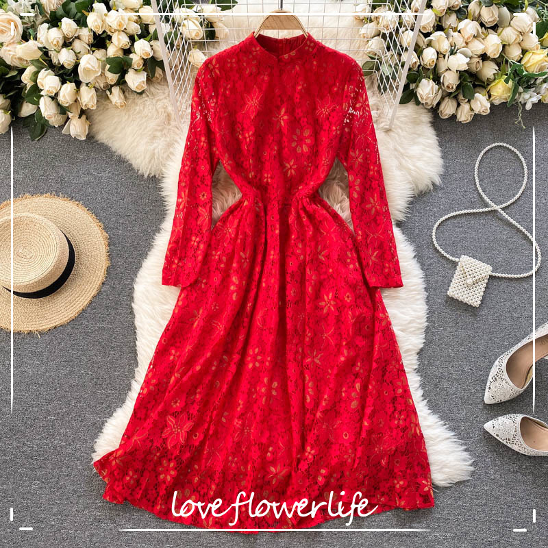 

LoveFlowerLife Spring Autumn Casual Solid Lace Hollow Out Dress A Line O Neck Full High Waist Mid Calf Women Dresses 210521, Red