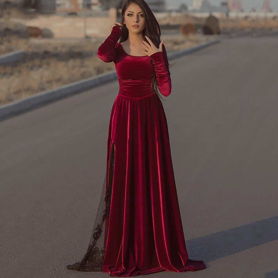 

Burgundy Velvet Caftan Evening Long Sleeve Black Lace Dubai Formal Party Gowns Longo Prom Gowns 2021, Orange