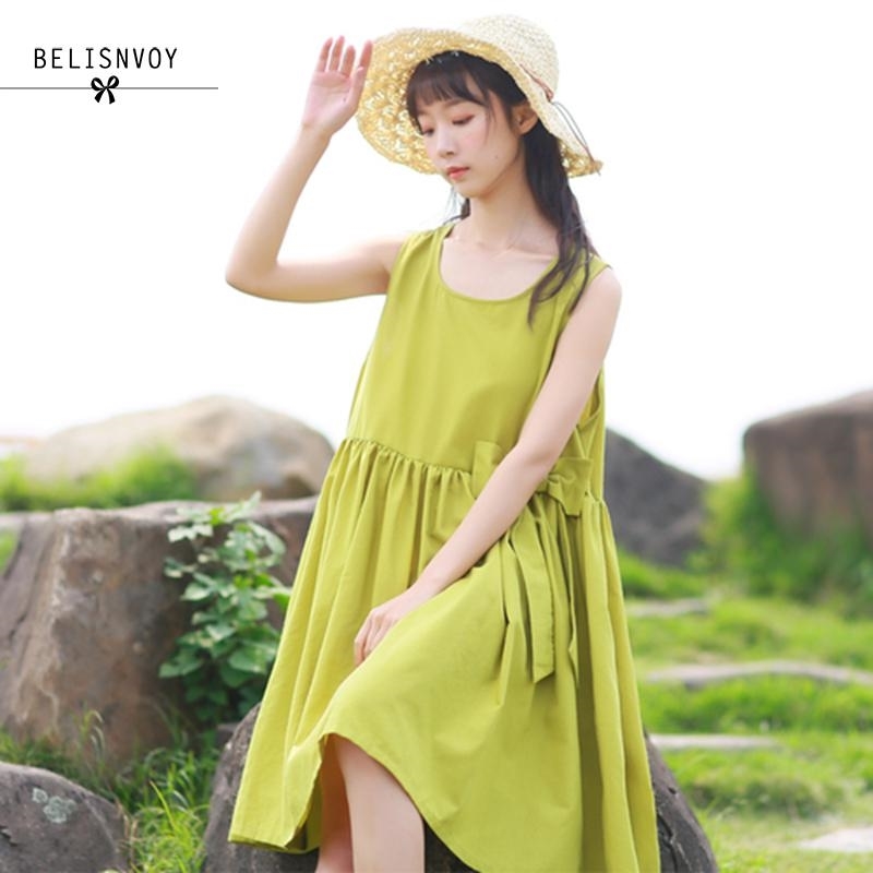 

Mori Girl Tank Dress Fluorescent Yellow Summer Sundress Women Sleeveless Vest Loose Cotton Dresses Bow Vestidos 210520