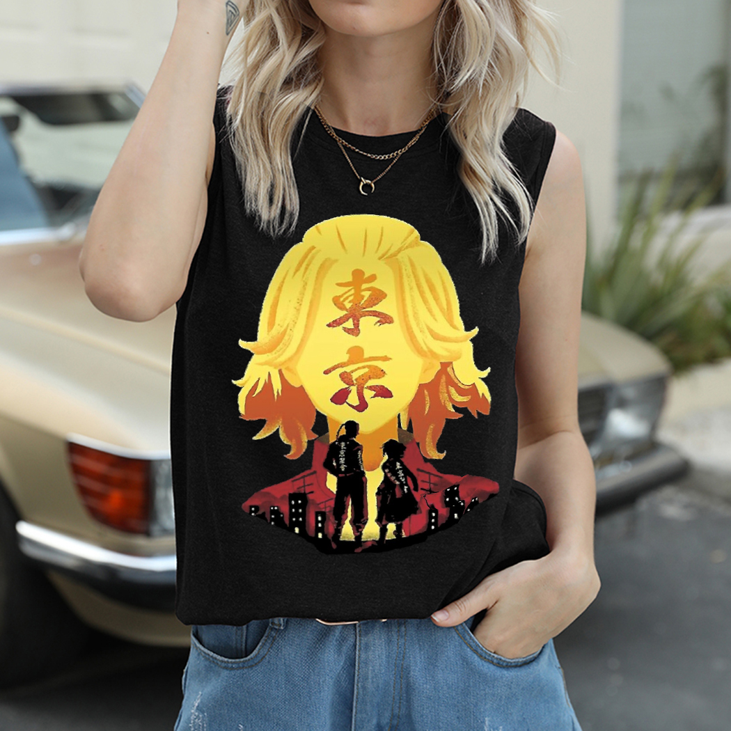 

Summer Women Sleeveless Tank Top Casual Sport Round Collar Vest Loose Street Wear O-neck Pullover Tees Cartoon Anime Manga Pattern Printing Camis, Black 1