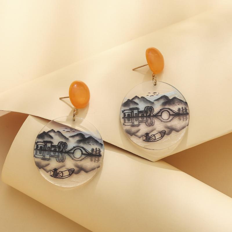 

Stud Fresh And Retro Jiangnan Landscape Painting Acrylic Earrings Accessory Jewelry
