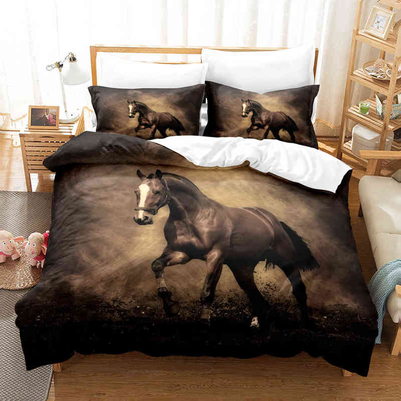 

New Running Horse Bedding Set Animal Duvet Cover Soft Comforter Set  Size Decor Home For Boy Bedroom Luxury Bed Set H1222