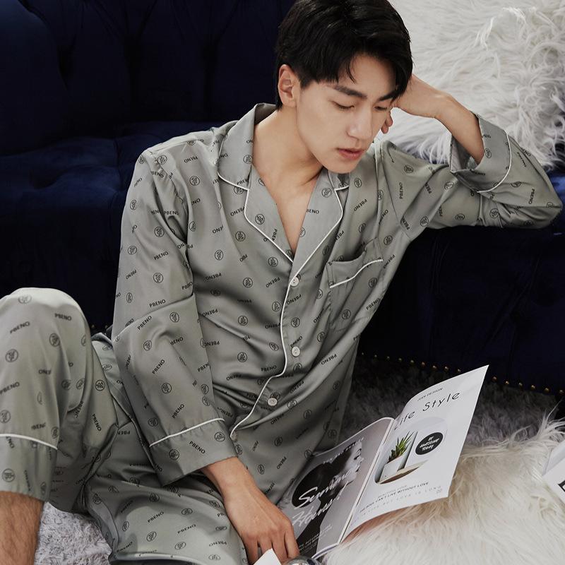 

Men's Sleepwear Satin Men Pajamas Set PLUS SIZE Nightwear Casual 2PCS Shirt&Pant Home Wear Long Sleeve Trouser Suits Pyjamas Suit, Gray