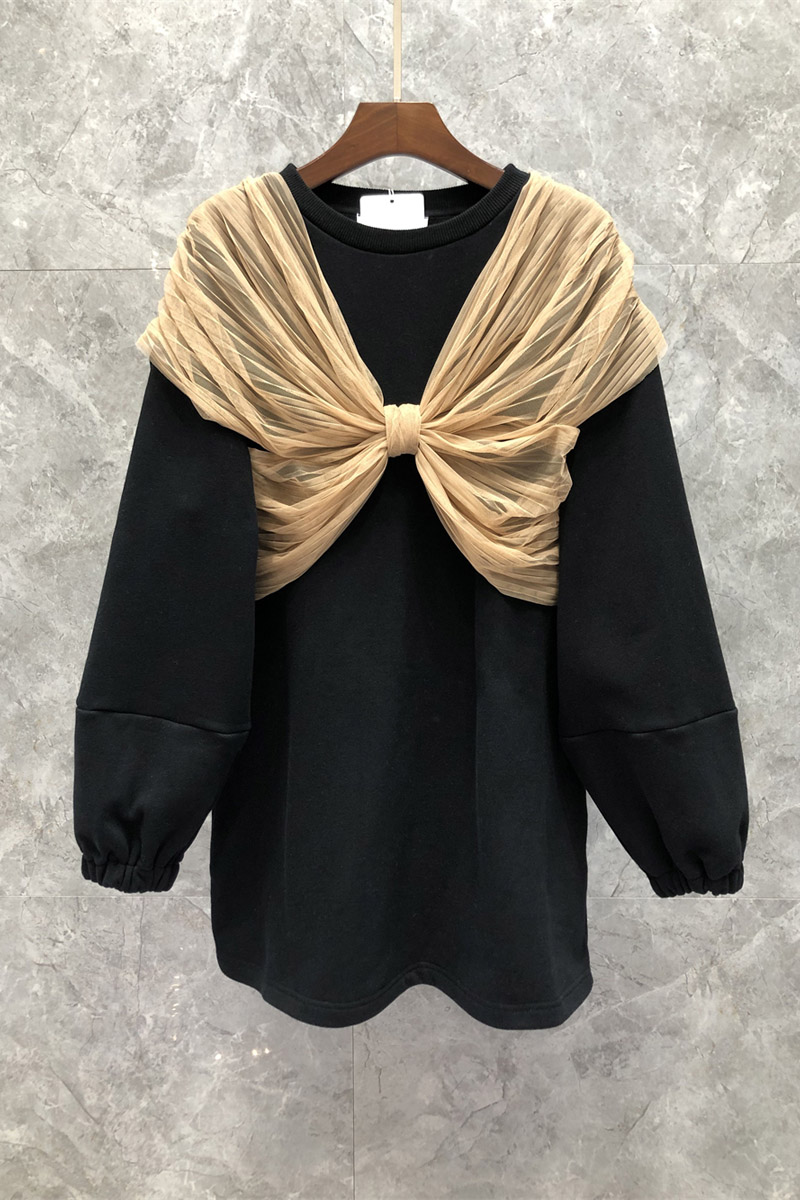 

Mesh Bow Stitching T-shirt Dress Womens Autumn European Goods New Casual Short Skirt 10B, Black
