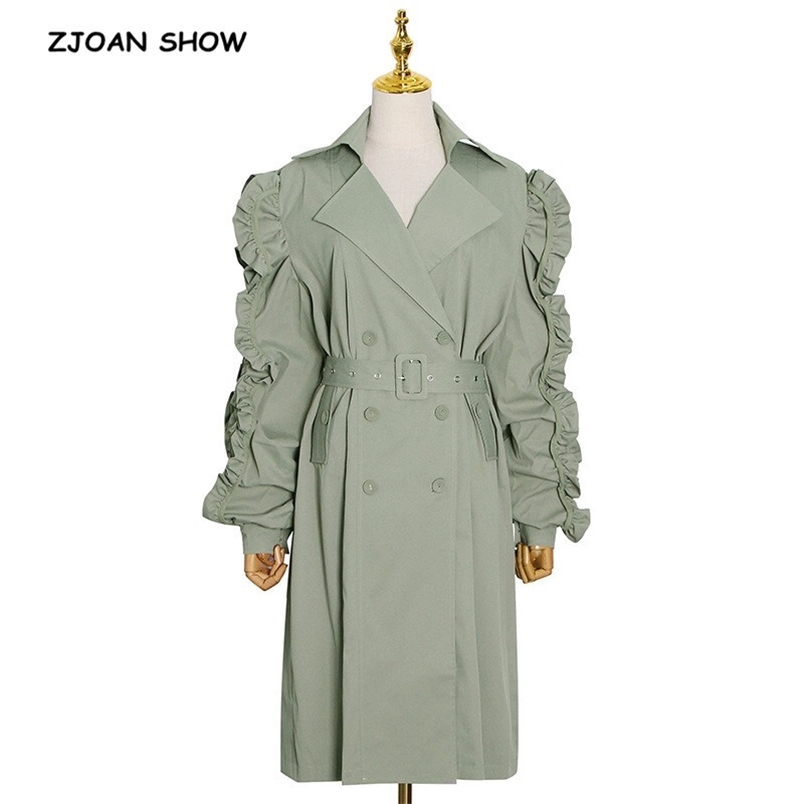 

Autumn Winter Elegant Buckle Belt Trench Coat Women Ruched Puff Long Sleeve Slim Below Knee Length Windbreaker Sashes Outerwear 210429, Black