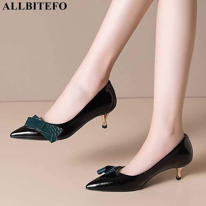 

ALLBITEFO fashion bowtie genuine leather brand high heels party women heels gold heles wedding women shoes office ladies shoes 210611, As picture