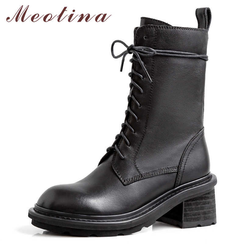 

Meotina Autumn Motorcycle Boots Women Natural Genuine Leather Thick High Heel Mid Calf Boots Zipper Round Toe Shoes Ladies 34-39 210608, Black