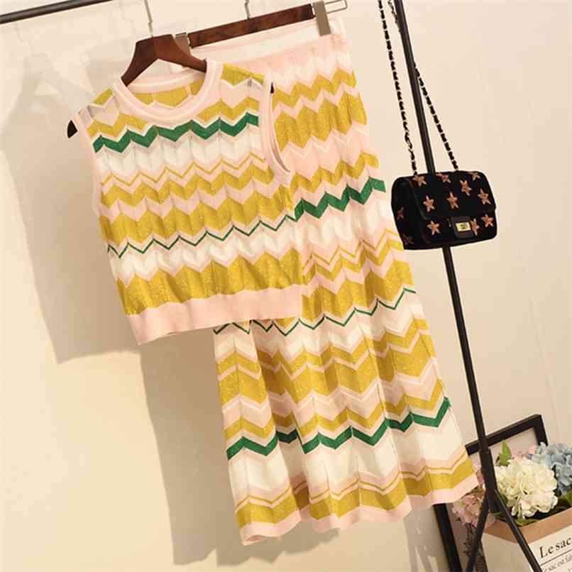 

Catwalk Fashion Women's Colorful Wave Striped Knitted Suit Sleeveless Sweater Vest Crop Top + Long Skirt Two-piece Set 210602, Yellow