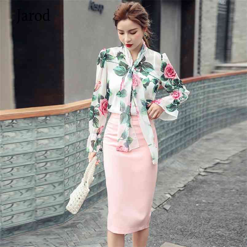 

Women Summer Two Piece Set Sexy white See Through Chiffon Rose Floral Print Bow Collar Shirt Top + Pink pencil Skirt Suit 210519, Picture color