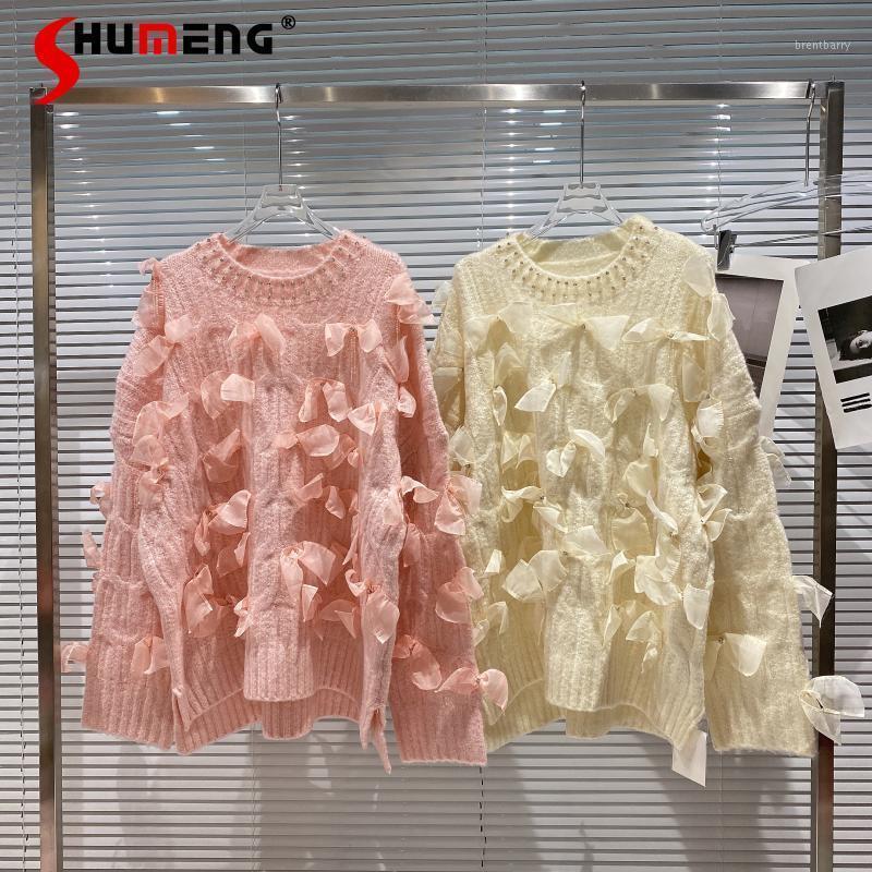 

Women's Sweaters 2021 Autumn Winter Three-Dimensional Mesh Bow Sweater For Female Bead Chain Rhinestone Loose Warm Knitwear Women, Ivory