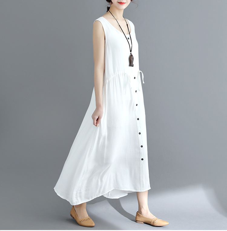 

Johnature Summer Cotton Linen Women Dress Vintage Loose Comfortable O-neck Solid Color Plus Size Sleeveless Vest Dress 210521, Red