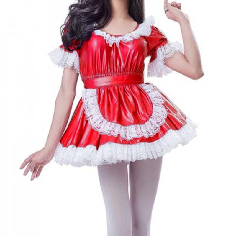 

Party Dresses Sissy Maid Cosplay Costume Set Plus Size Short Sleeve Lace Servant Uniform Role Play Clothing Flared Dress With Apron 7XL, Black