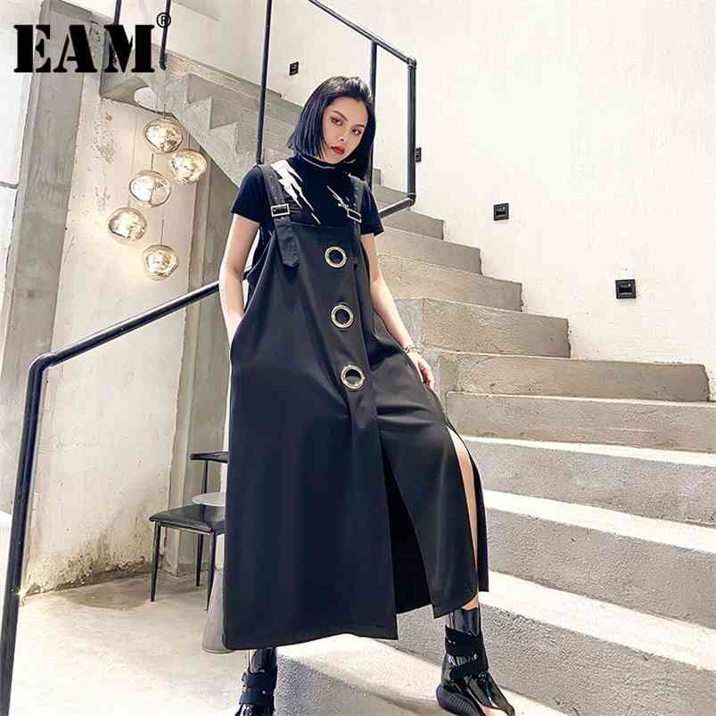 

[EAM] Women Black Hollow Out Vent Split Big Size Strapless Dress Sleeveless Loose Fit Fashion Spring Summer 1T768 210701