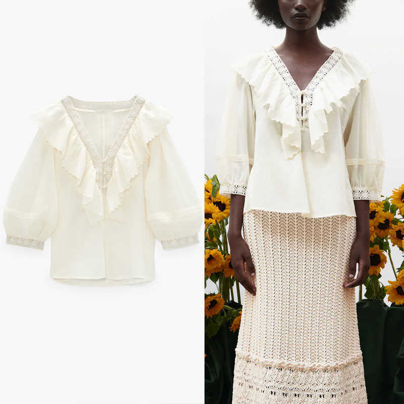 

Za Blouses Women Long Puff Sleeve Ruffle Embroidery Blouse Chic Button Up Loose Summer Top Feminine Embroidered Shirt 210602, Beige