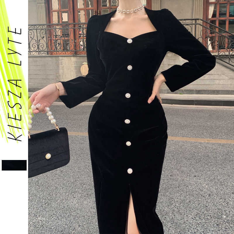 

Luxury Ladies Black Velvet Dress Audrey Hepburn French Sexy Split Bodycon Party Robe Femme Vestidos 210608