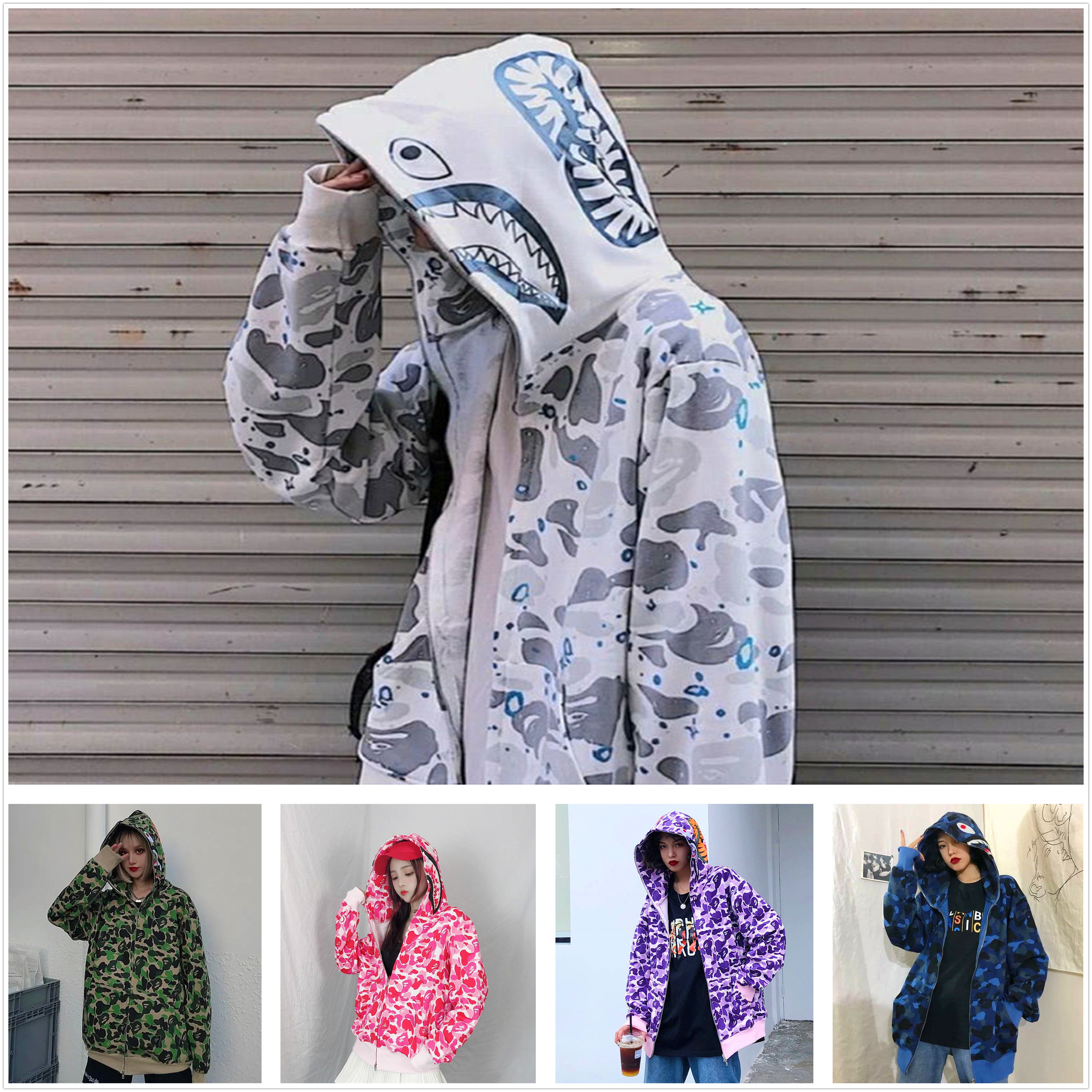 

Apes Men shark Hoodies women's cardigan hooded high quality jacket luminous camouflage star head M-3XL 0501, 1pcs button