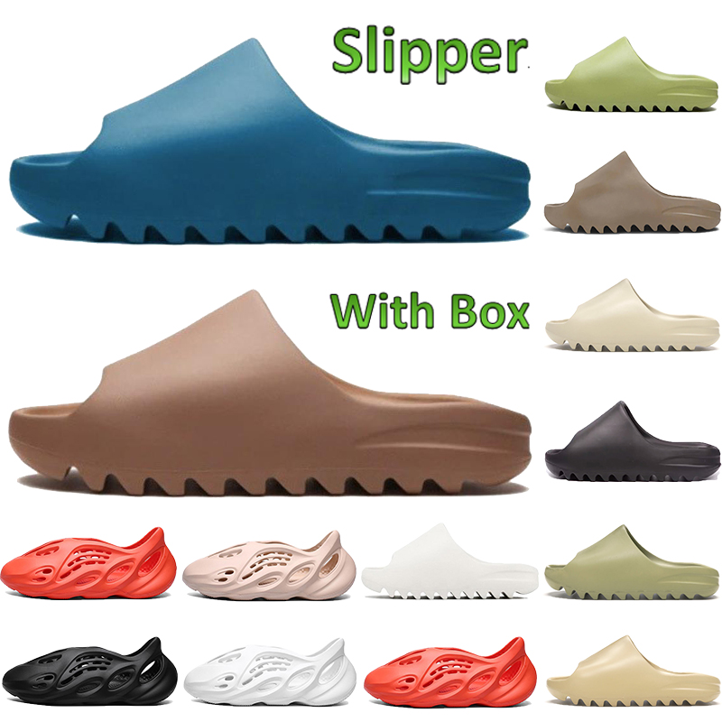 

With Box men Women Fashion Flat Slipper Slides Sandals Shoes resin soot orange green bone earth brown triple black white sandal US 4-11, 02. bone