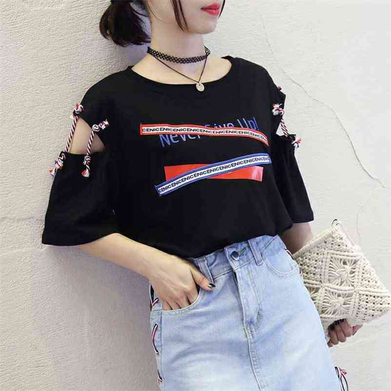 

Harajuku Hollow Out Print Women's T-shirt Tops O-neck Short Sleeve Lace Up Women Tshirt Summer Sweety Casual Tees Plus Size 210524, White