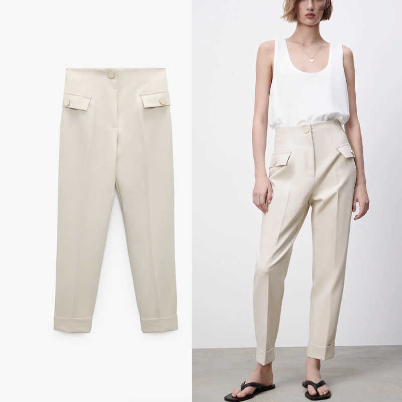 

Za Buttoned High Waist Summer Pants Women Vintage Front Flap Pockets Zip Closure Trousers Woman Chic Office Lady Pants 210602, Beige