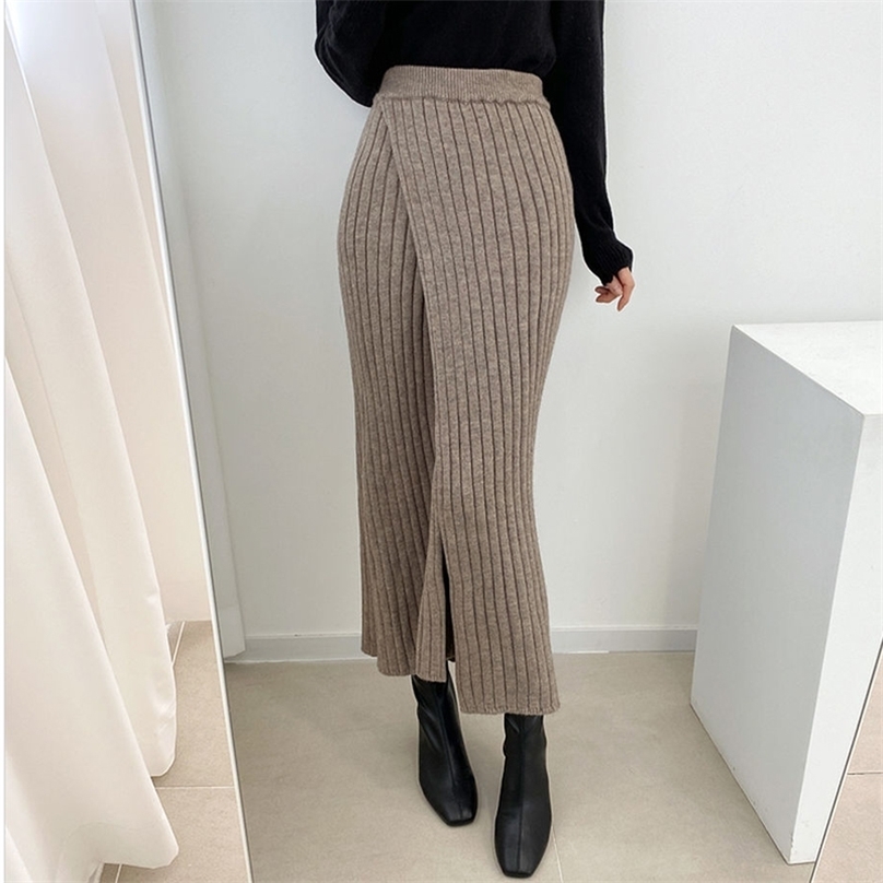 

Chic All Match Solid Vintage Knitted Girls High Waist Slim Gentle Slender Brief Fashion Split Skirt 210525, Black