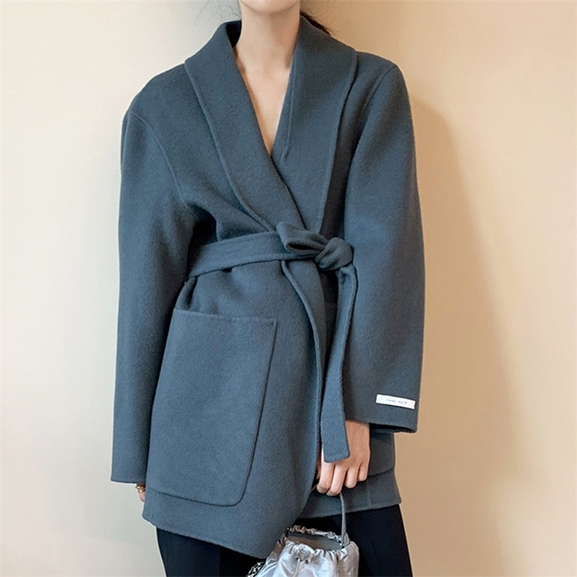 

Korean Style Wool Coat Women Fashion Turn Down Collar Long Sleeve Bandage Ladies Elegant Woolen Outwear 210525, Gray