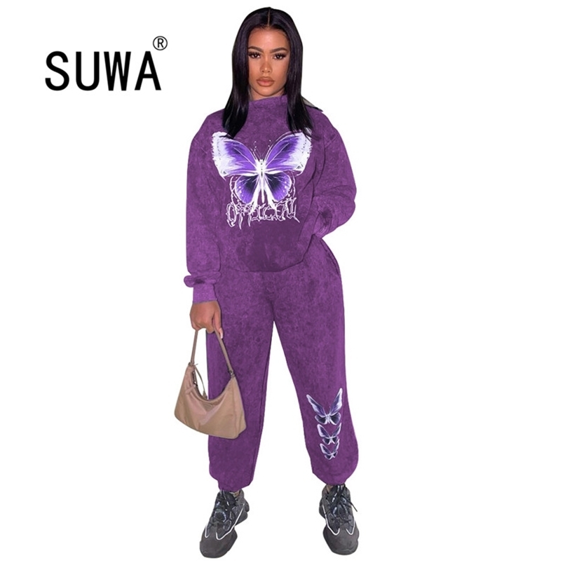 

Tracksuit Women 2 Piece Set Casual Outfit Vintage Print Turtleneck Hoodies Sweatshirt Pants Jogger Suit Street Sweat 210525, Lavender