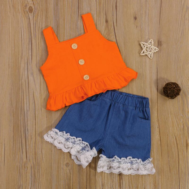

Clothing Sets 2Pcs Sweet Style Little Girls Outfit, Summer Solid Color Flouncing Hem Sleeveless Suspender Tops + Lace Edge Denim Shorts, White