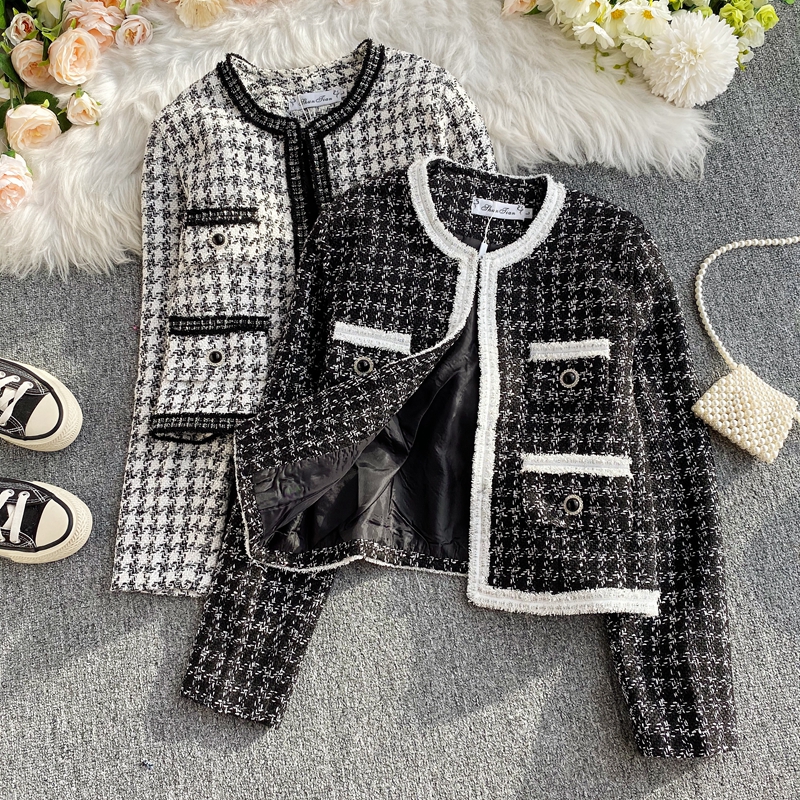 

Women's Autumn new fashion o-neck long sleeve houndstooth grid plaid tweed woolen short OL jacket coat casacos plus size ML, White