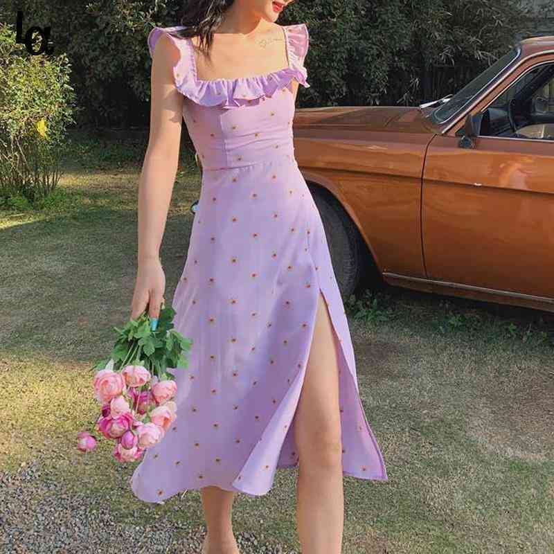 

Floral French Dress Elegant Women Summer Strapless Vintage Split Long Purple Print Retro Sweet Boho Vestidos 210519
