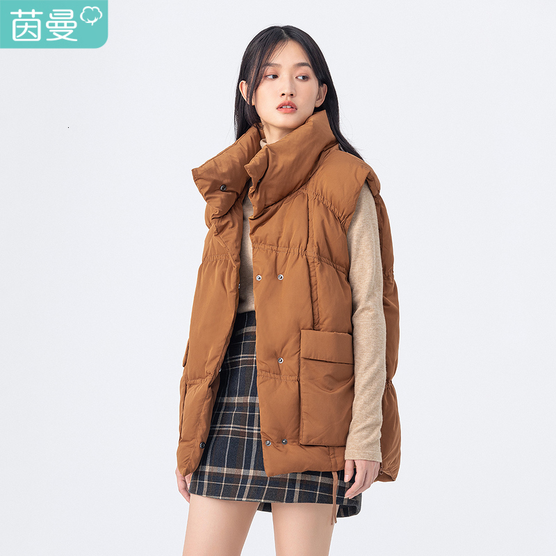 

downs Spring Arrival Stand Collar Zipper Big Pocket Coat Medium Long Women's Down Vest Eaqe, Black