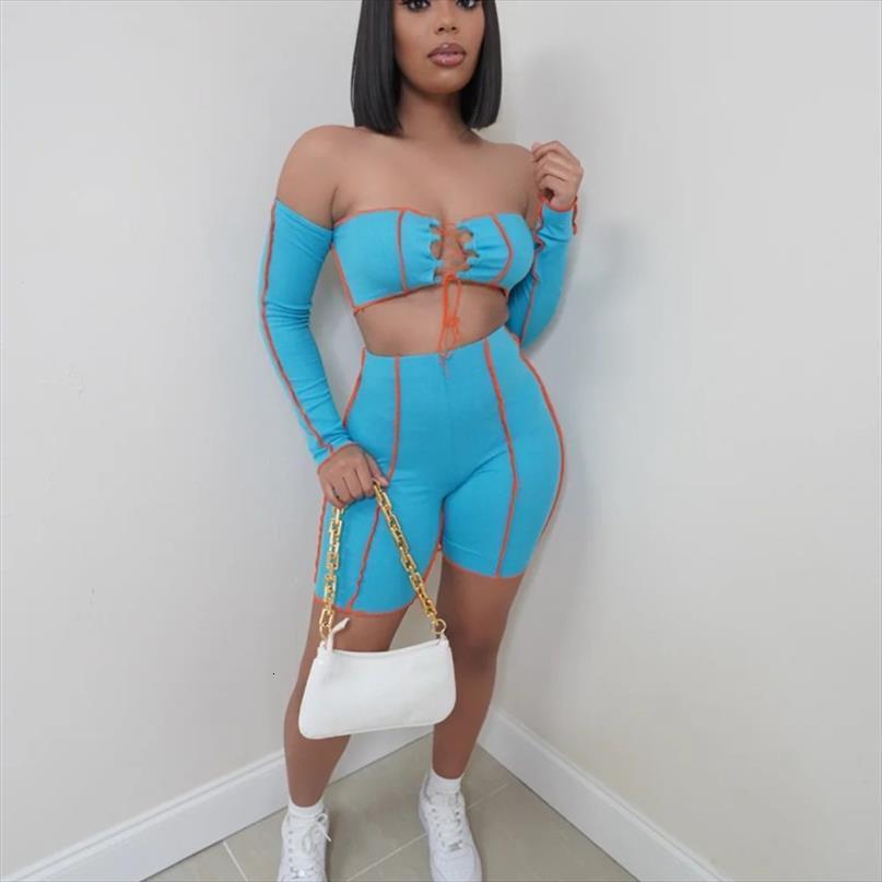 

off shoulder women tracksuits biker shorts matching sets patchwork bandage backless two piece outfits summer, Gray