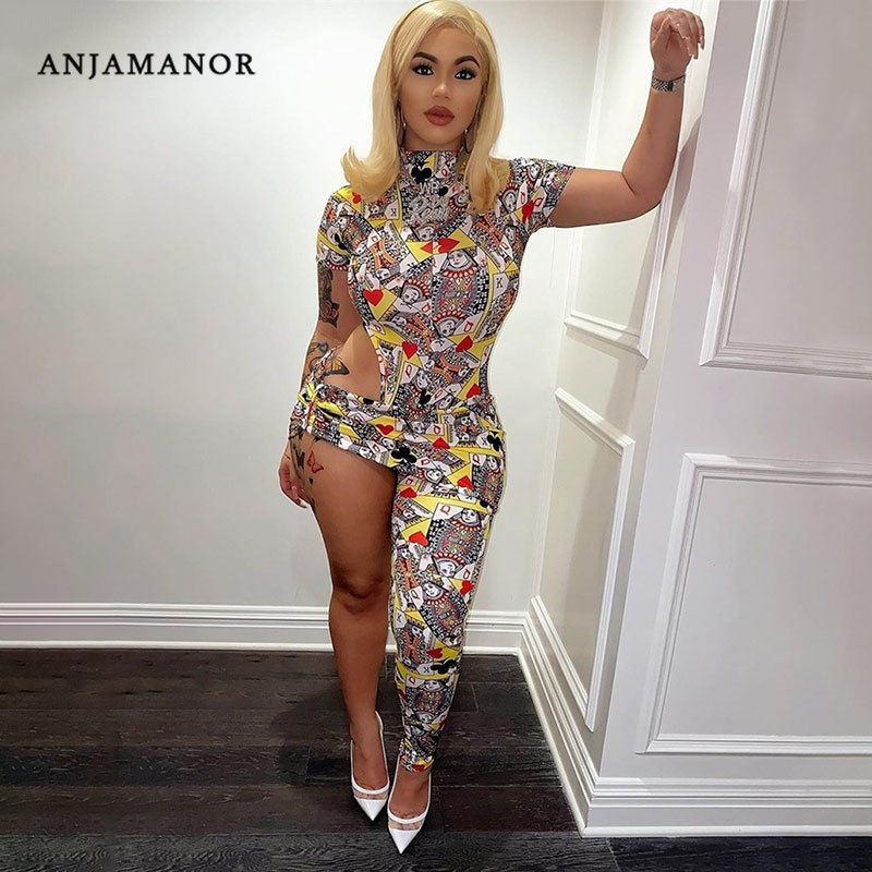 

ANJAMANOR Asymmetric Cut Out Poker Print Bodycon Jumpsuit 2021 Fashion Club Outfits for Women Sexy Short Sleeve Rompers D74-DD30, Yellow