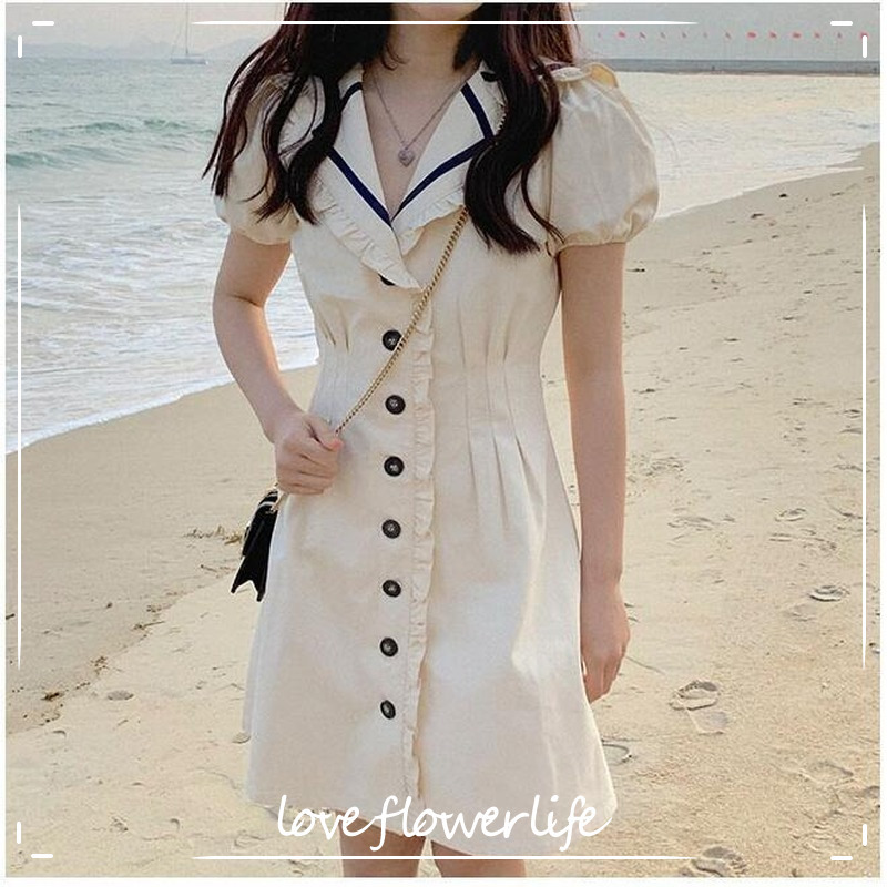 

Dress Korean Elegant Vintage Dress Women Puff Sleeve Casual shirt Dress Beach Office Lady Buttons Design Summer 210521, As picture