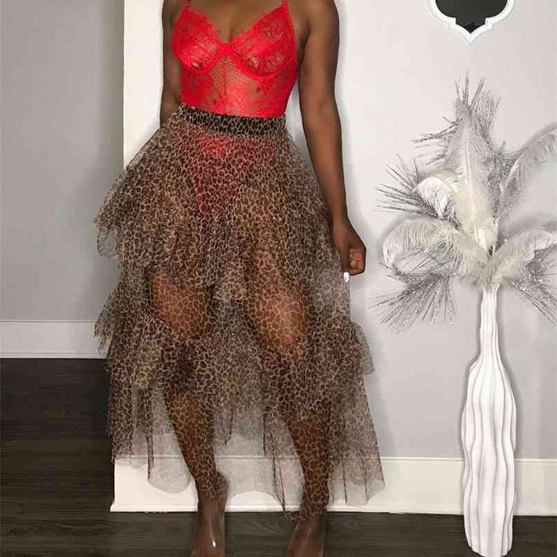 

OMSJ Women's Sexy England Style See through Leopard Print Tutu Skirt Ladies High Waisted Mesh Ruffle Maxi Arrival 210708, Brown