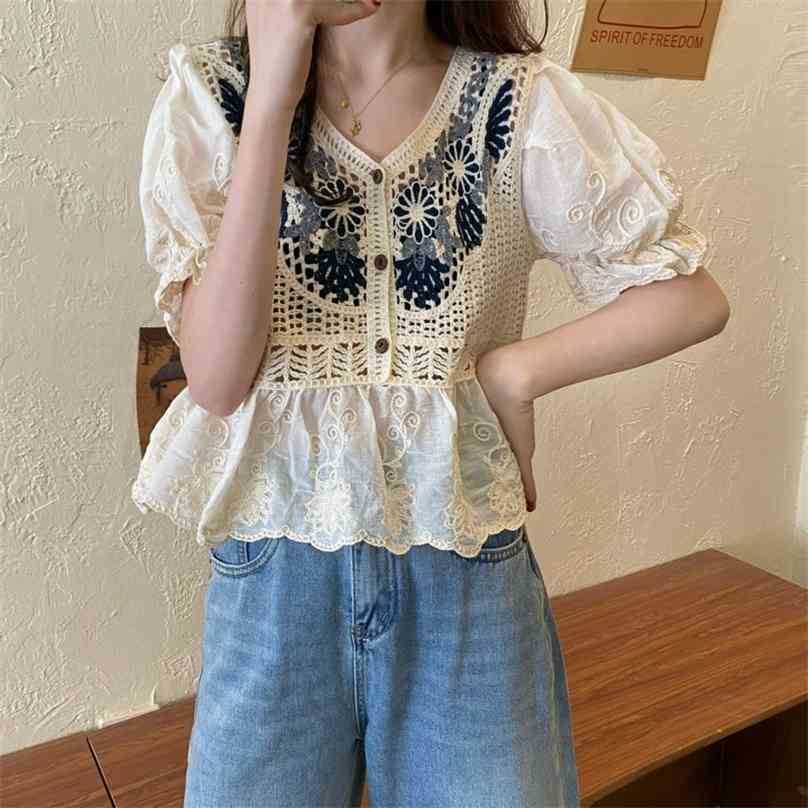 

Summer Vintage Patchwork Shirts Female Hollow Office Lady Loose Tops Fashion All Match Streetwear Blouses 210525, Apricot