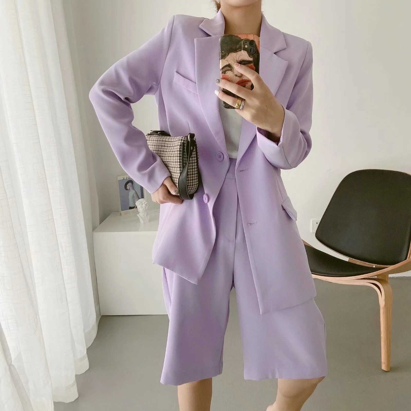 

Spring Autumn Korean Sweet Potato Purple Blazer Jacket+high Waist Wide Leg Suit Pants Casual 2 Piece Set Female 210607, Sky blue shorts