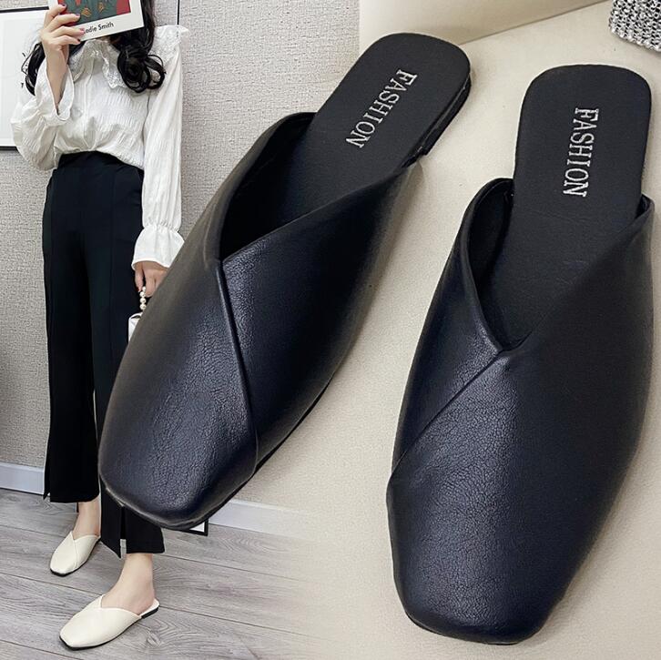 

Women Mules 2022 Summer Elegant Square Closed Toe Flat Slippers Female Shoes Casual Leather Black White Slides Plus