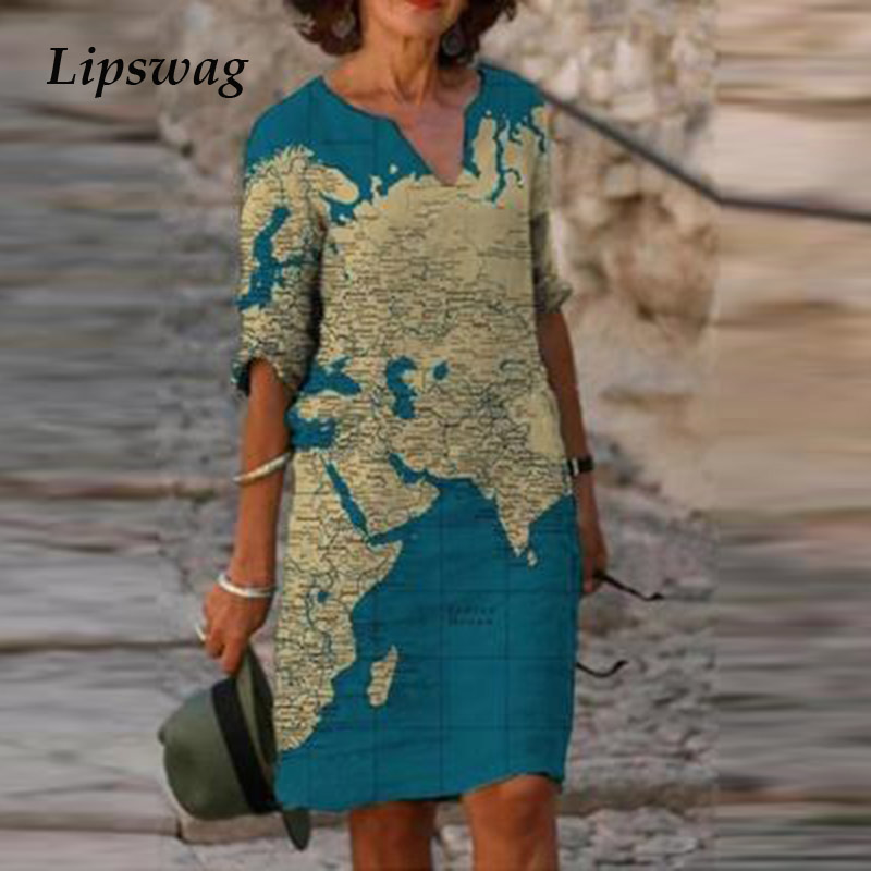 

fashion vintage map print women dress summer v-neck half sleeve party dress 2021 spring casual female a-line loose dress vestidohigh quality, Black;gray