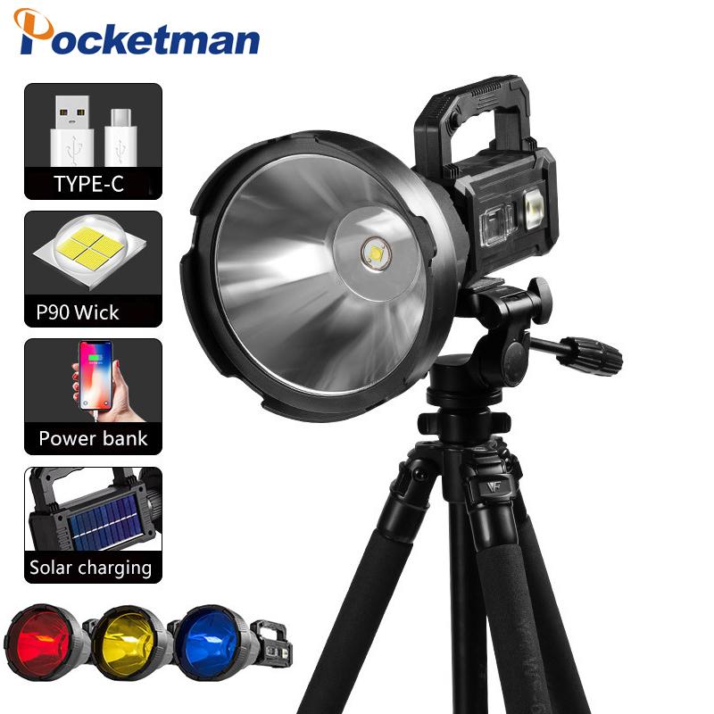 

Flashlights Torches 2022 Multi-function P90 Searchlight 100W Strong Light Solar Rechargeable Portable Lamp With Multi-color Filte