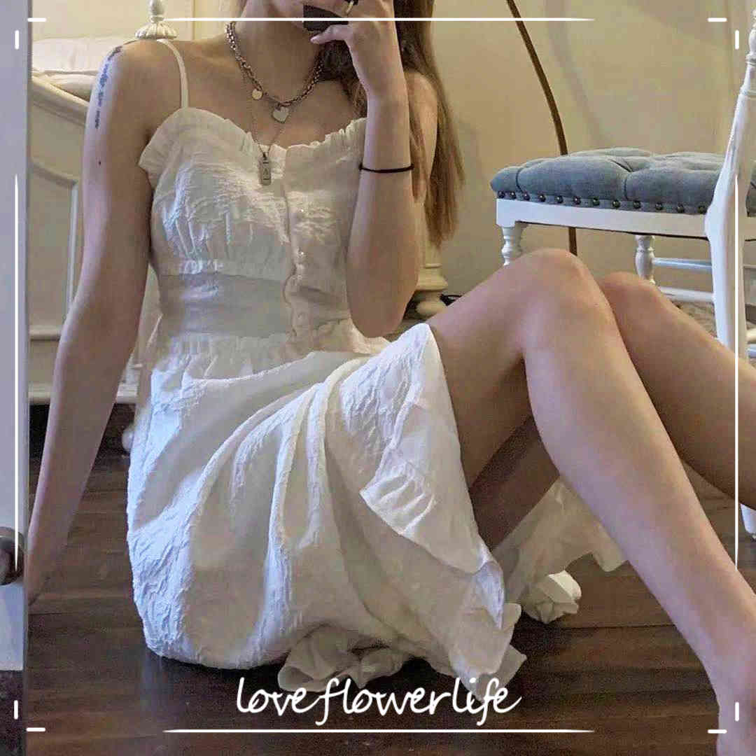 

French Vintage Dress Women Sexy Dress Korea Summer Spaghetti Strap Slash Neck Club Beach Midi Dress Female White 210521