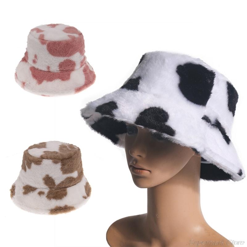 

Wide Brim Hats Women Winter Warm Thicken Fluffy Plush Bucket Hat Vintage Milk Cow Printed Sunscreen Packable Panama Fisherman Cap, Blue;gray