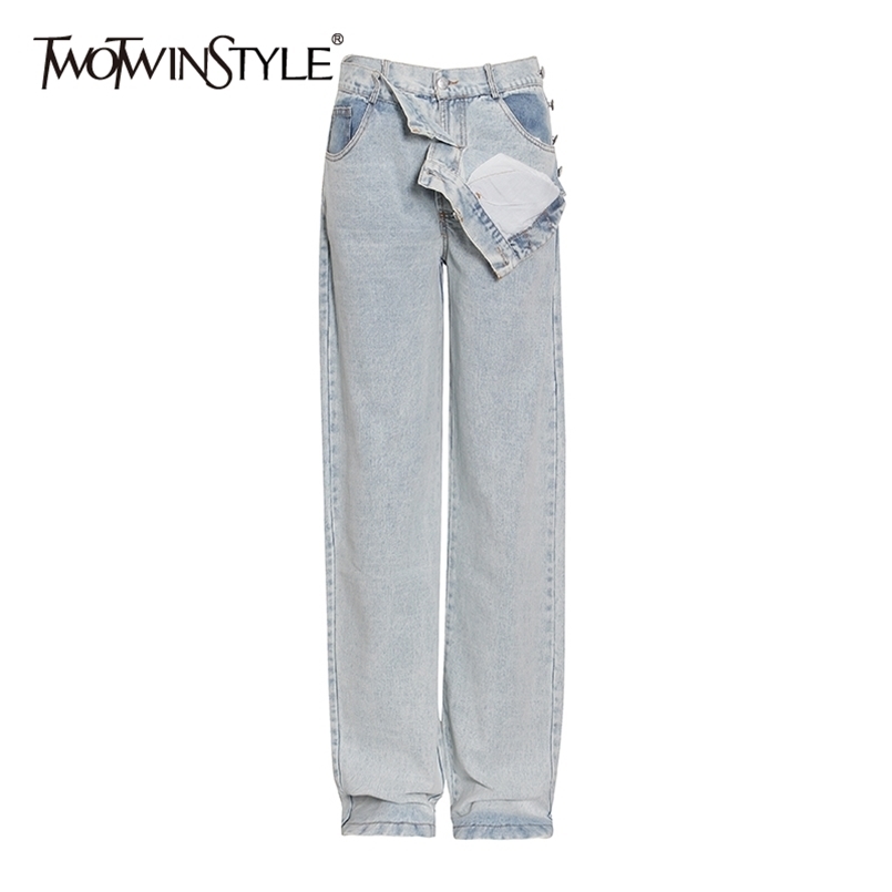 

TWOTWINSTYLE Casual Denim Pants For Women High Waist Pocket Streetwear Loose Wide Leg Jeans Female Fall Fashion 210720, Blue