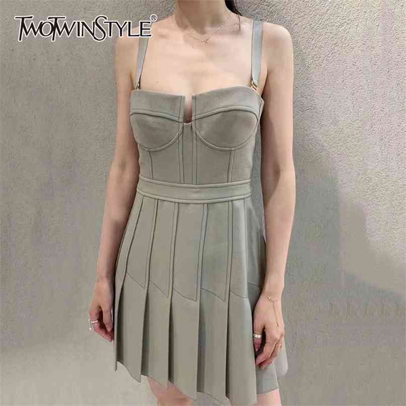 

Casual Dresses For Female Square Collar Sleeveless Spaghetti Strap High Waist Ruched Mini Dress Women Fashion 210520, Black