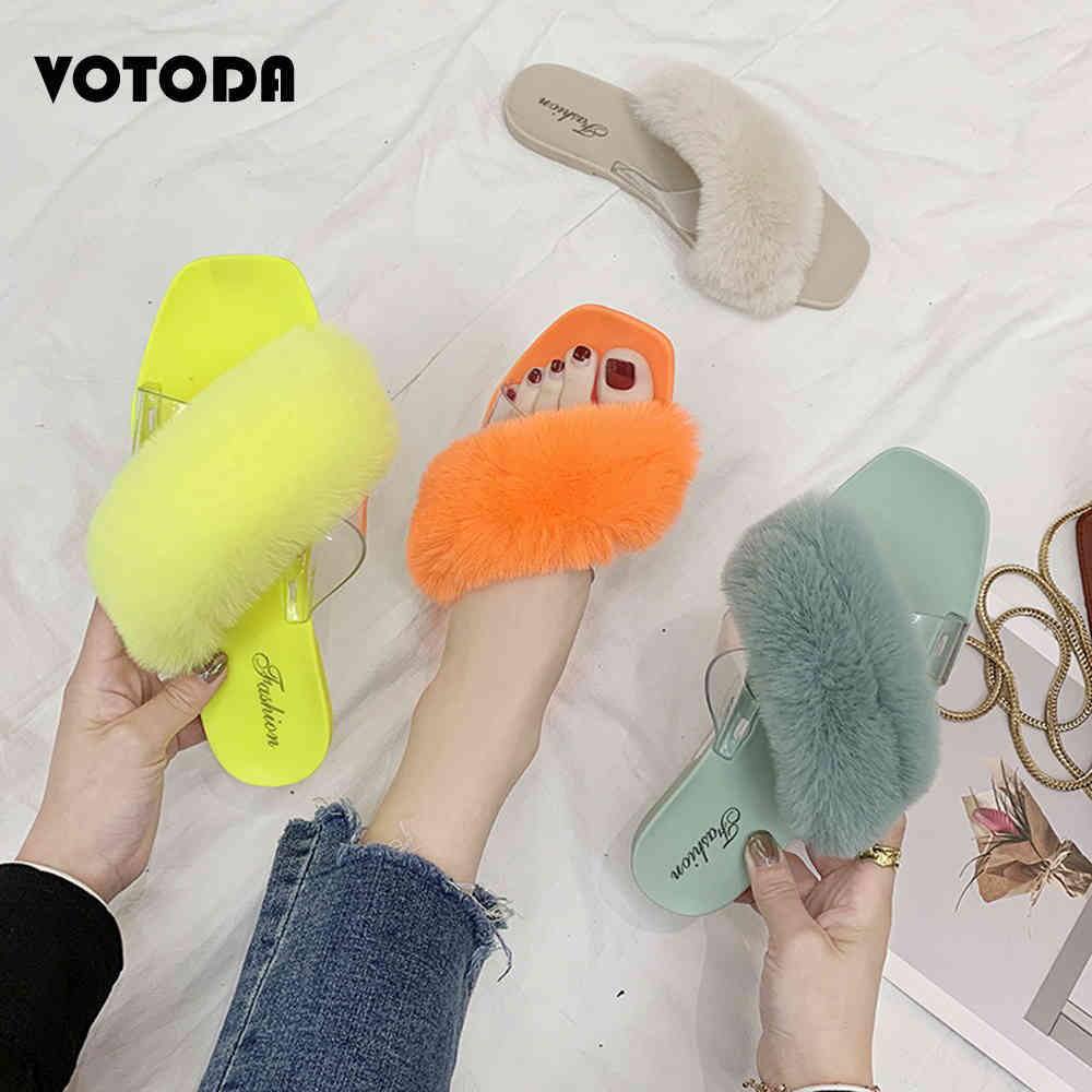 

2020 Summer Woman Slippers Fluffy Faux Fur Sandals Cute Plush Flip Flops Women Cross Transparent Slides Lady Outdoor Flat Shoes, Double green